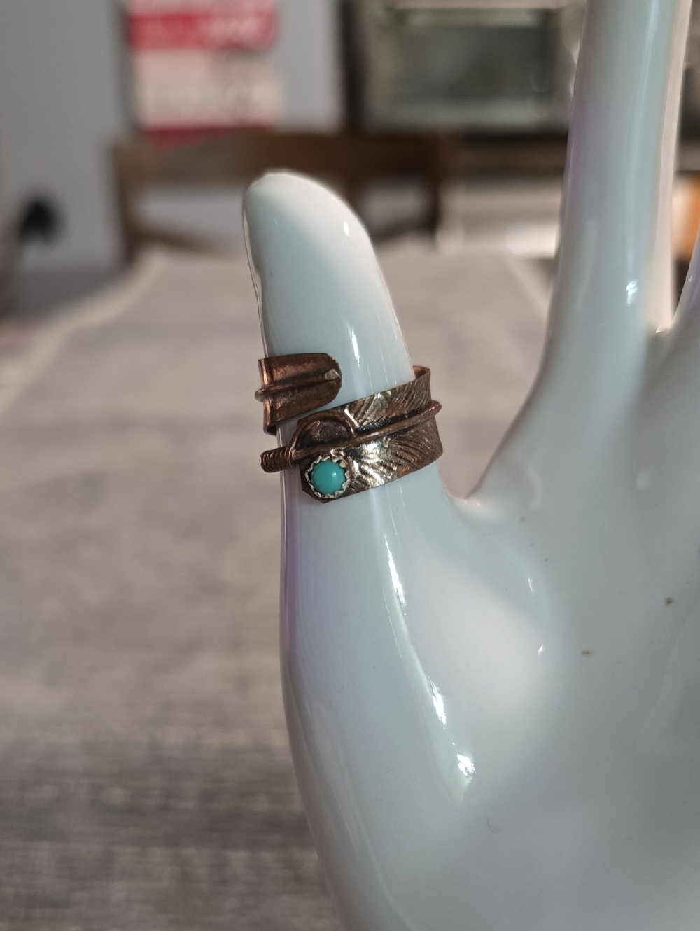 Turquoise Accent Copper Feather Wrap Ring~Sz 8